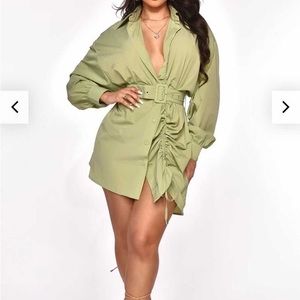 Olive Green Rouched V Neck Dress